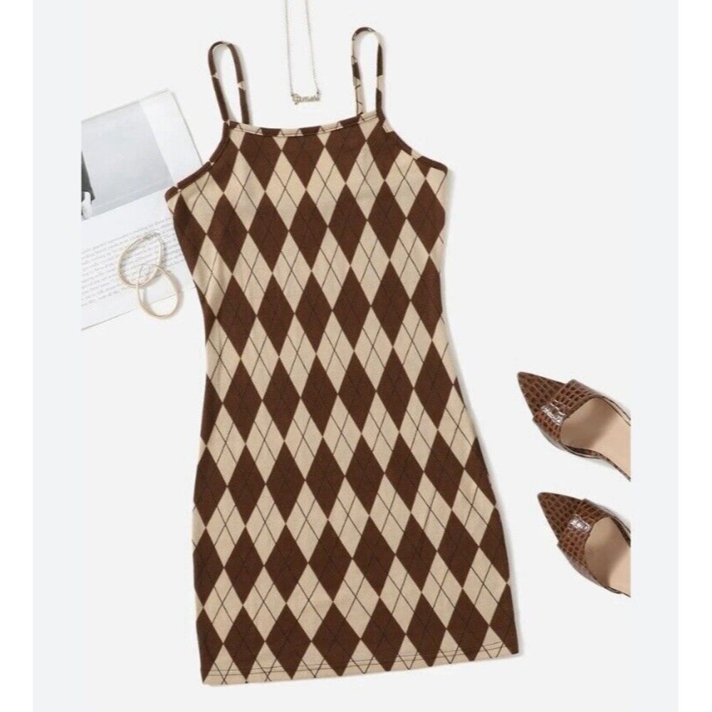 SHEIN Mini Dress Brown Argyle Bodycon Academia Lightweight Size L 8/10 Flirty - Picture 9 of 9